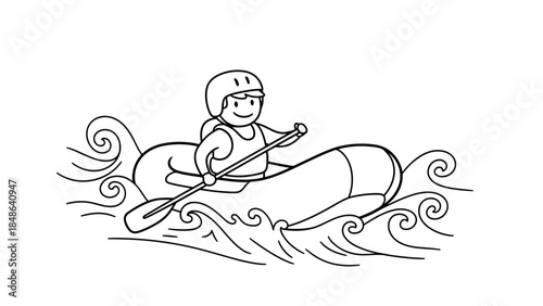 Cartoon outline of a smiling person rafting on river rapids