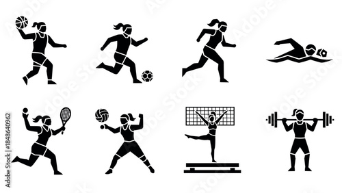 Dynamic female athlete silhouettes: eight iconic sports actions in bold design