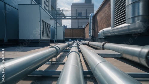 Industrial rooftop ventilation pipes utility, dolly-in across a commercial building roof featuring metal air ducts and water pipelines under bright daylight.