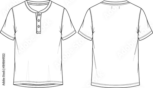 Short sleeve Henley shirt technical sketch, front and back view, fashion flat drawing, apparel design template, garment construction, vector illustration, clothing blueprint