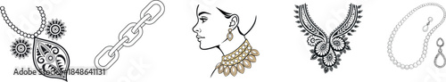 Diverse Collection of Jewelry and Fashion Illustrations Including Necklaces, Chains, Earrings, and Woman's Profile