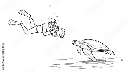 Diver with camera observing sea turtle underwater in black and white linear style