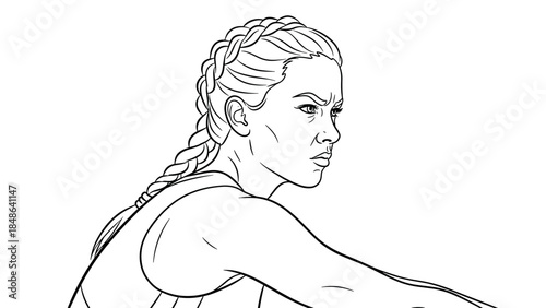Focused woman with braided hair in sketch style: intense expression and determination