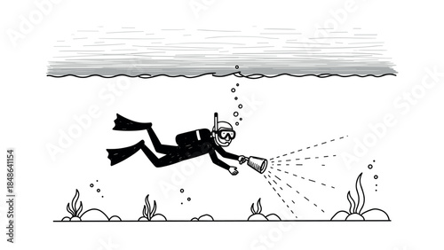 Hand drawn scuba diver exploring underwater scene with flashlight and sea plants
