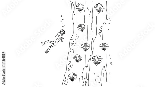 Underwater diver exploring coral reef with seashells in monochrome linear art