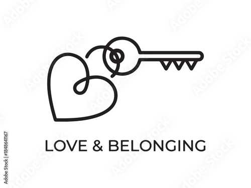 Heart and key outline symbol for love and belonging concept, representing connection and security Vector