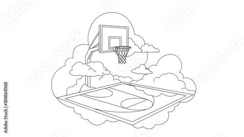Basketball court in clouds design: creative concept with outline art