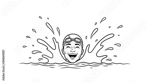 Cheerful swimmer making a splash in minimalist black and white design