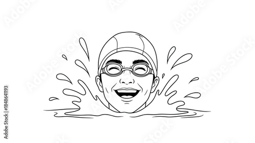 Smiling swimmer in water splash with swim cap and goggles in linear art style