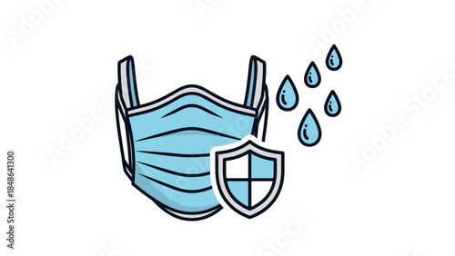 Protective mask and shield with water droplets in a flat cartoon style