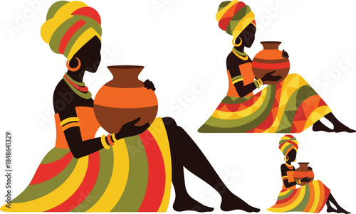 Silhouette of beautiful african women wearing colorful traditional clothing holding clay pottery vessels on transparent background
