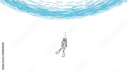 Minimalist diver underwater adventure with illustrative waves above