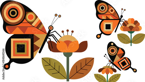 Abstract geometric butterflies and stylized flowers in warm earthy tones against a on transparent background