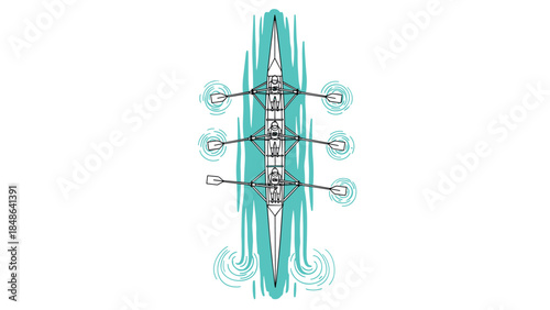 Team rowing sport: overhead view of rowers paddling in harmony on water