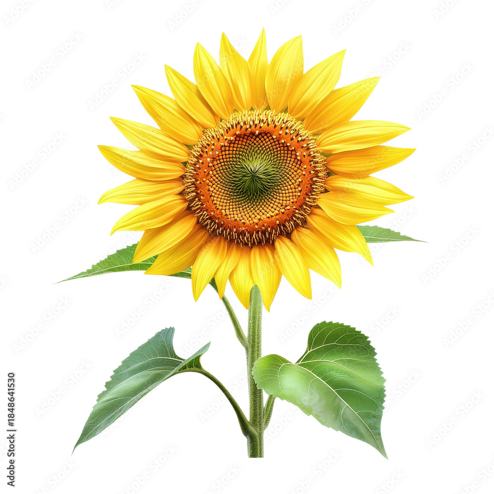 Obraz premium Sunflower stands upright with bright yellow petals and green leaves in a sunny field during summer