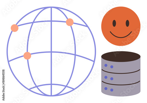 Wireframe globe with connection points, database stack, and smiling face. Ideal for networking, data exchange, cloud technology, user satisfaction, database management, tech innovations simple flat