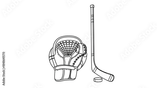 Linear hockey gear: stick, puck, and glove outline design for sports enthusiasts