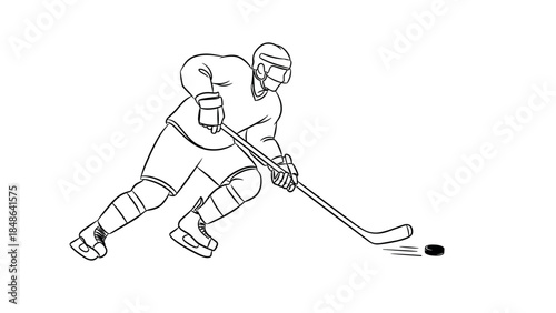 Dynamic linear hockey player in motion with stick and puck on ice