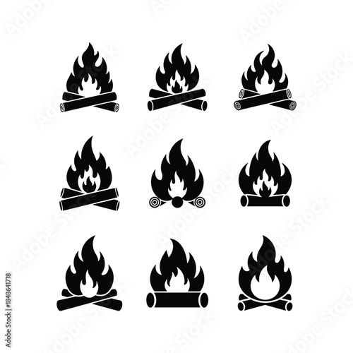 Collection of campfire silhouettes isolated on white background, Vector, illustration