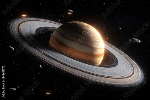 Digital Render of a Striped Planet with Rings in a Starry Black Sky