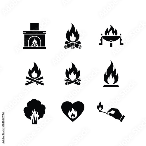 Collection of campfire silhouettes isolated on white background, Vector, illustration