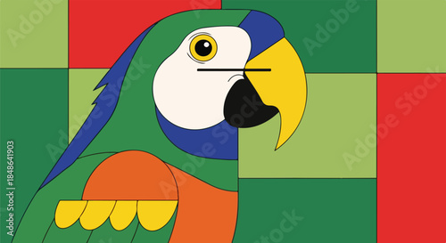 Abstract geometric illustration of a colorful macaw parrot head against a patterned background on transparent background