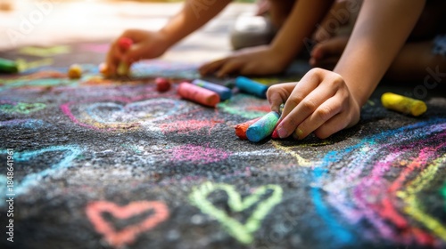 Close-up of children drawing with colorful chalk on asphalt, small hands holding chalk, bright doodles and rainbows, warm sunlight, playful and creative outdoor activity, high-resolution