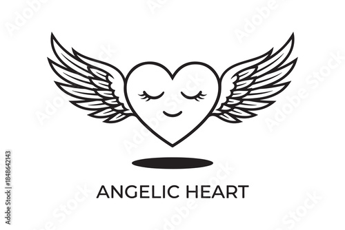 Angelic heart with closed eyes and spread wings casting a small shadow Vector