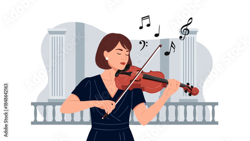 A woman elegantly playing the violin in front of a classical building with musical notes floating in the air.
