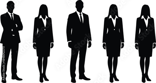 Business men and women silhouettes standing separately, professional corporate leaders in formal attire isolated on white background concept