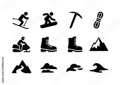 Extreme Winter Sports Icons. Extreme winter sports. Filled icon set of extreme winter sports: freeride skier,