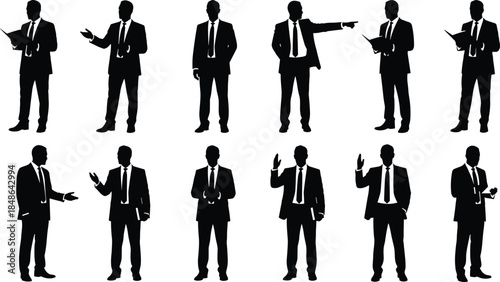 Businessman silhouette collection featuring professional male figures in suits presenting, pointing, reading documents, and gesturing confidently on white background