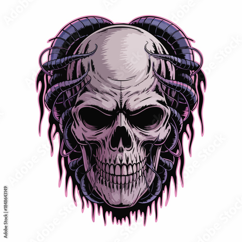 Illustrated Skull with Purple Dreadlocks Portrait.