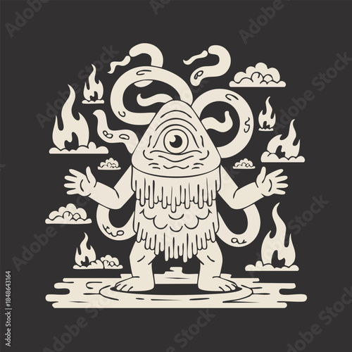 Mythical One Eyed Monster with Multiple Arms Illustration.