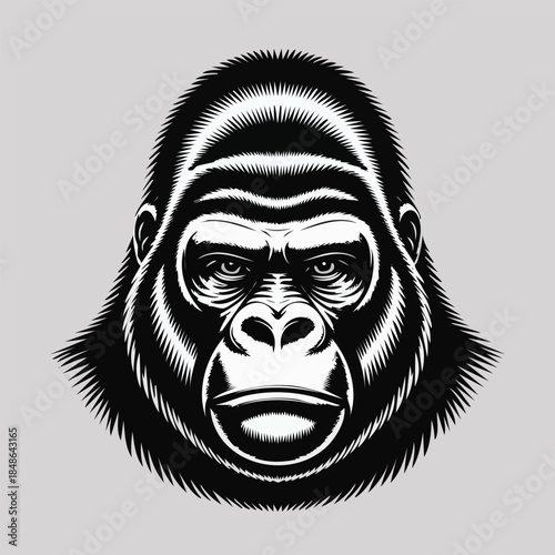 Monochrome stylized gorilla head portrait illustration.