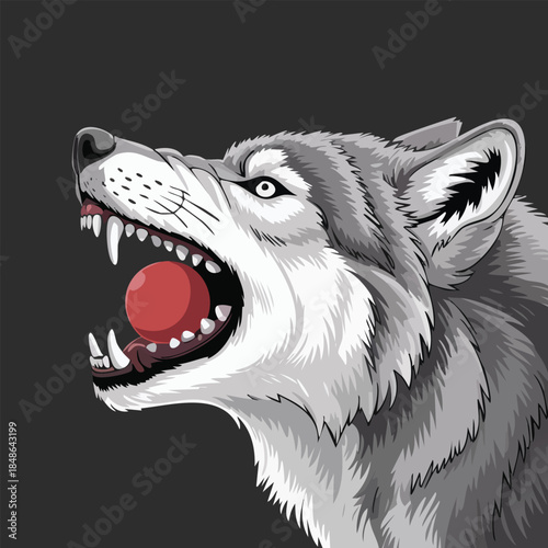 Aggressive snarling wolf head illustration grayscale fur.