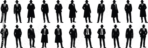 Businessman silhouettes wearing suits and hats, classic male fashion poses, vintage professional characters isolated on white background illustration