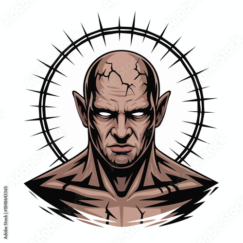 Demonic head portrait with circular spiked halo.