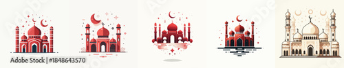 Diverse vector illustrations of mosque architecture, blending traditional and modern styles. Perfect for spiritual celebrations, cultural events, and community worship designs