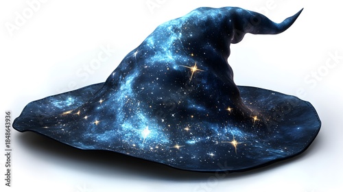 Cosmic wizard hat placed on a white background showcasing stars and galaxies in the fabric design