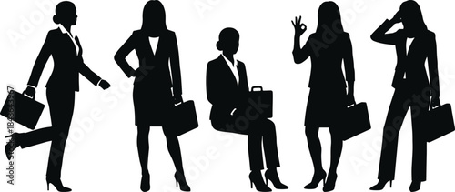 Businesswoman silhouettes in professional poses, confident female executives with briefcases, corporate office leadership and career illustration set
