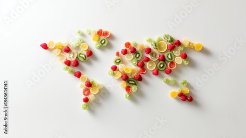 World map crafted from colorful fruit slices and berries on a white background. A creative representation of the globe using fresh, vibrant fruit pieces arranged meticulously on a clean white surface