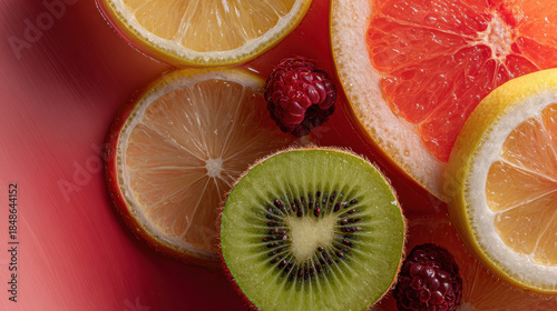 Vibrant citrus slices berries arranged in refreshing composition. Detailed overhead view showcases juicy grapefruit, lemon, kiwi, raspberries submerged in liquid, highlighting their textures colors
