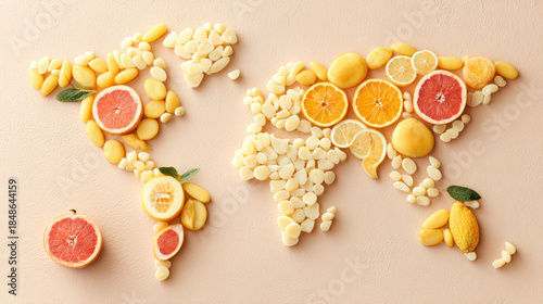 World map crafted from diverse fruits natural ingredients, showcasing global diversity. Artistic representation of Earth's continents meticulously assembled using variety of fresh fruits elements