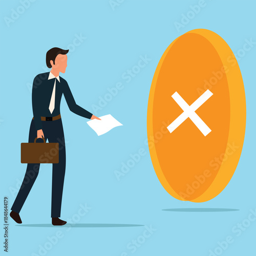 Businessman with suitcase and rejection letter. Professional businessman write resignation letter to quit job. Worker man leave workplace, quit job letter leave company. Vector illustration.