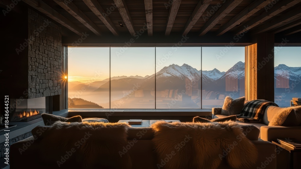 Obraz premium Cozy living room overlooking alpine sunrise with luxurious sheepskin decor and panoramic mountain views
