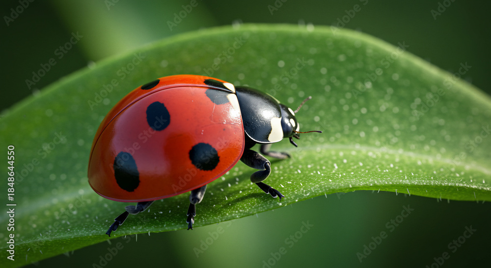 Fototapeta premium Red ladybug on green leaf macro photography