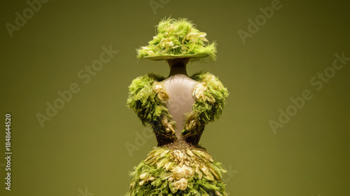 Exquisite green feathered haute couture gown with matching hat displayed on a mannequin. A stunning, intricately designed green gown adorned with feathers and embellishments, paired with matching hat