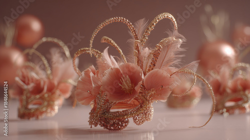 Elegant Venetian masquerade mask adorned with feathers floral details in soft pink gold. View of decorative Venetian mask featuring delicate feathers, shimmering gold accents, floral embellishments