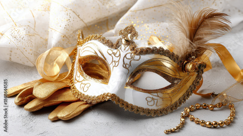 Elegant white and gold Venetian masquerade mask with feather and beaded necklace. A luxurious white and gold masquerade mask adorned with a feather and a beaded necklace, evoking mystery celebration